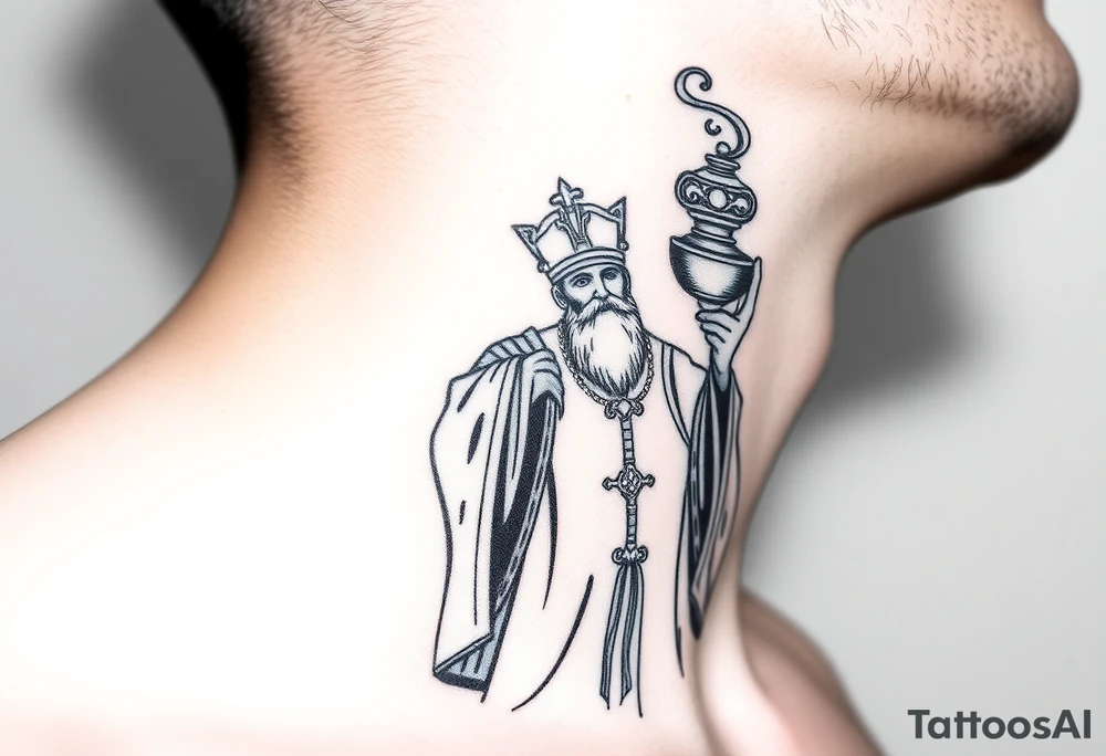 Russian Orthodox Priest in fully detailed vestment swinging a censer with smoke curling upward tattoo idea