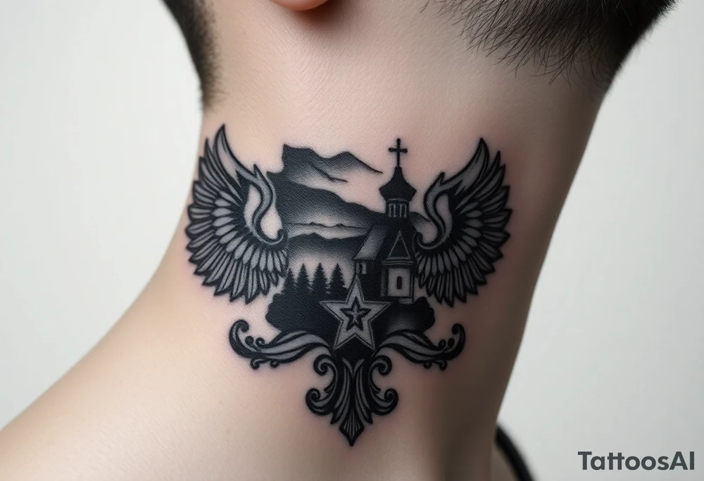 Traditional authentic Russian coat of arms with a Christian orthodox virgin marry in the middle and silhouette in a Russian wilderness Christian orthodoxy dome church village setting on the side of my neck tattoo idea