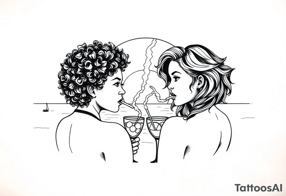 Two females One of the females has Curly puffy hair The other girl has wavy hair in front of a sunset on the beach, smoking a blunt with margarita glasses next to them tattoo idea