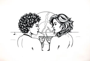 Two females One of the females has Curly puffy hair The other girl has wavy hair in front of a sunset on the beach, smoking a blunt with margarita glasses next to them tattoo idea