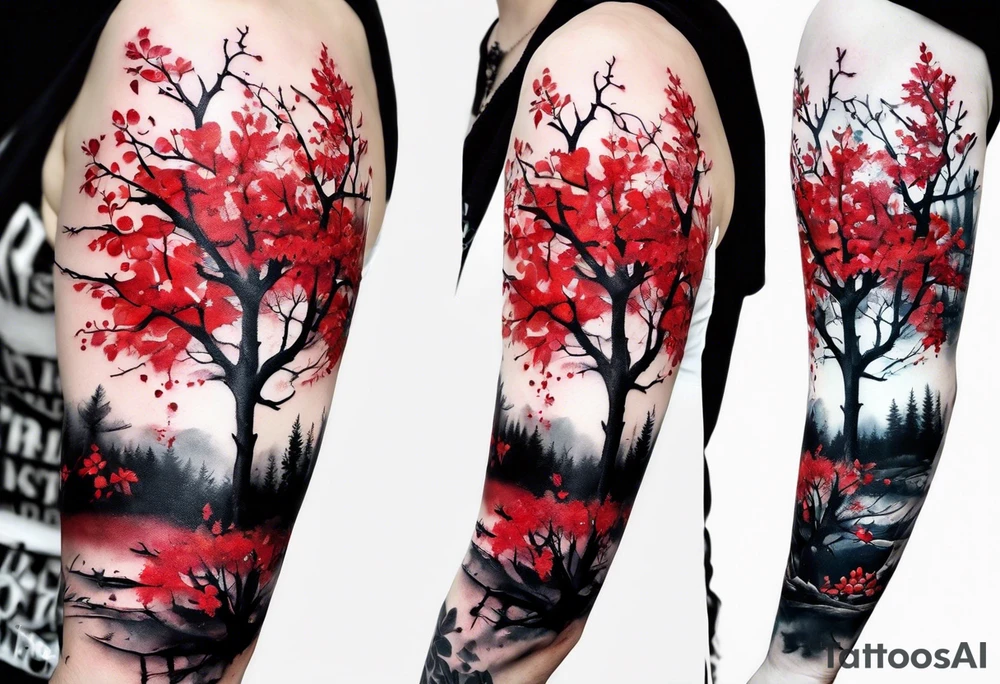 trash polka style. Arm tattoo. chest tattoo. Long tattoo. large tattoo. Full sleeve. Shoulder. A single large maple tree with red autumn leaves that branches upwards from wrist to shoulder. White-throated dipper bird on the trees branches. Calluna flowers at the base of the trees stem. Tree stem has dark colors. Red/yellow sunset behind the trees stem. Leaves falling. tattoo idea