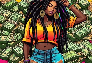 beautiful thick black women with long straight dreadlocks, new school style, holding piles of money, colorful, neon, bright, streetwear, streetstyle, urban tattoo idea