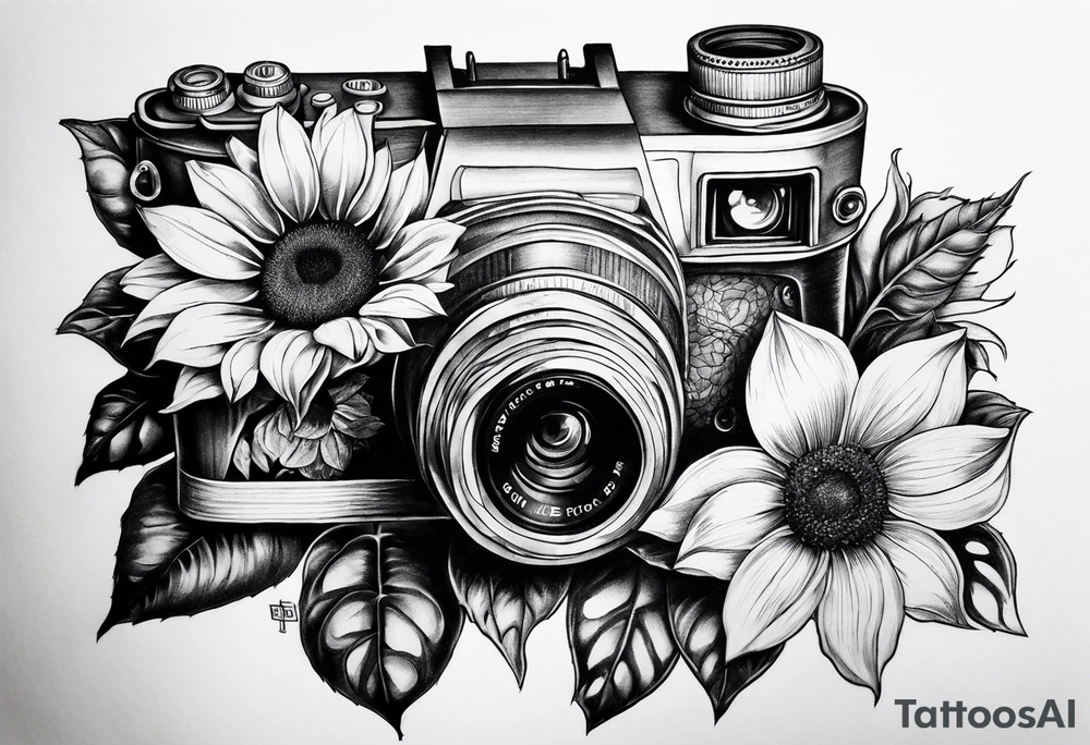 sunflower, camera, flower rose , book tattoo idea