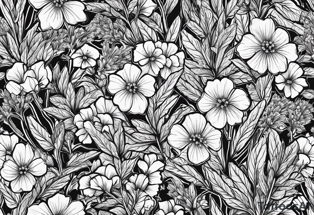 Generate a picture of Vervain (Verbena) flowers forming an oval shape with small leaves around them. tattoo idea