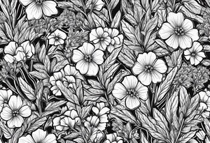 Generate a picture of Vervain (Verbena) flowers forming an oval shape with small leaves around them. tattoo idea