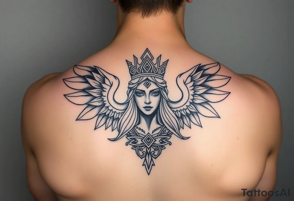 powerful goddess with a crown shape as rempart in a gemotrical style tattoo idea