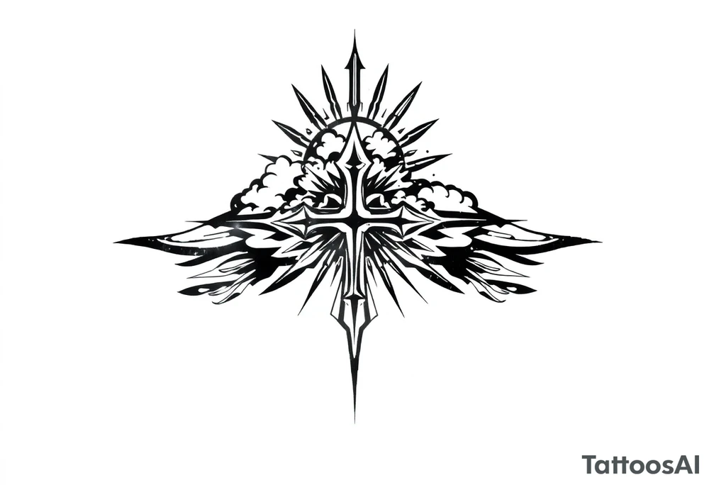 Half sleeve. powerful, cloud, cross, sun rays tattoo idea