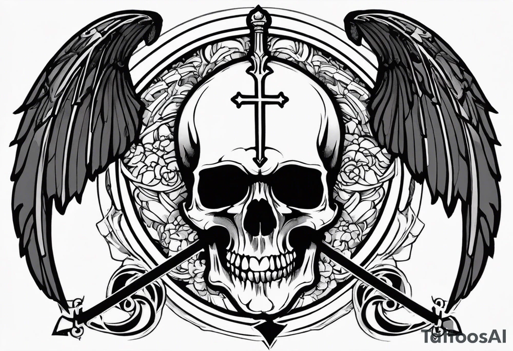 In the center is a half skull pierced by a large sword. On either side of the skull, there are spread angel wings, Beneath the skull is a ribbon cross elements on that, ribbon weaves through both the skull and the sword tattoo idea