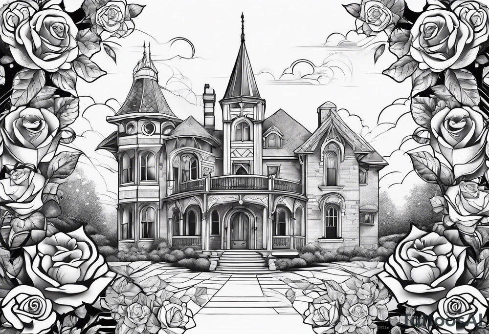 tattoo fool sleeve, old broken gothic home, broken sword, roses tattoo idea