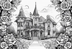tattoo fool sleeve, old broken gothic home, broken sword, roses tattoo idea