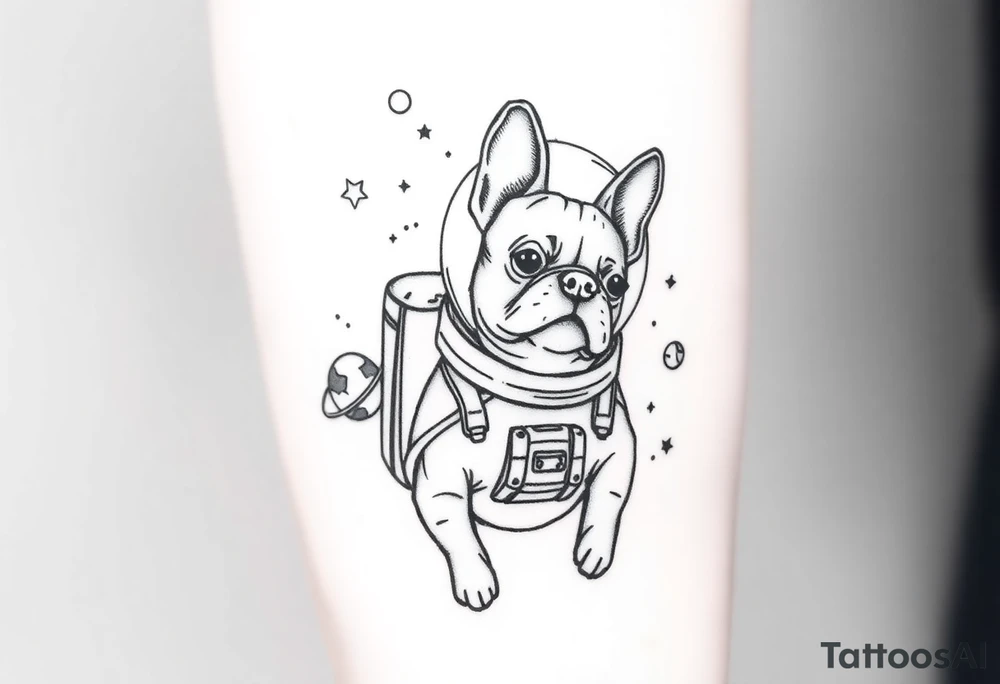a space themed tattoo of my french bulldog mars. include elements in space like planets and stars. mars should be depicted as a astronaut tattoo idea