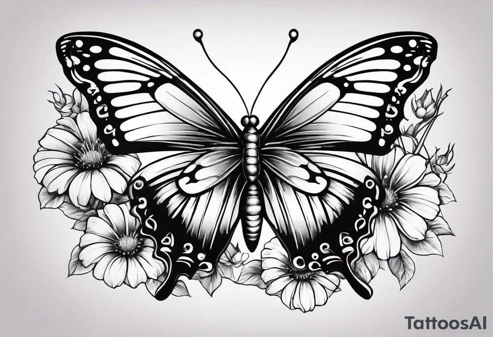 Butterfly with aster and morning glory flowers in place of 2 wings tattoo idea