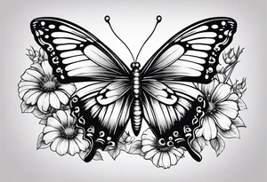 Butterfly with aster and morning glory flowers in place of 2 wings tattoo idea