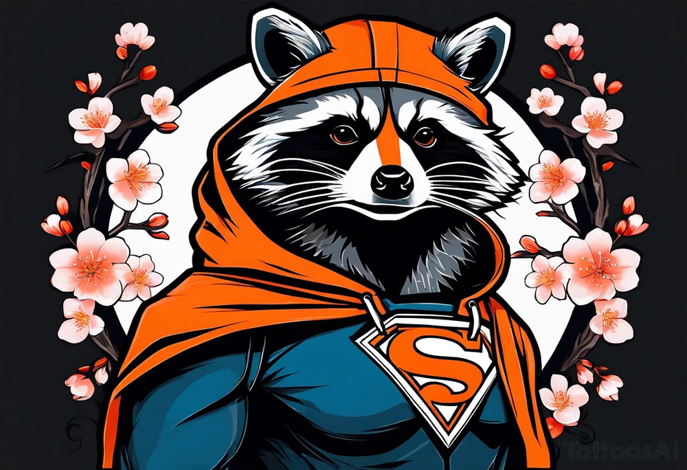 Raccoon wearing a white Superman logo on a black hoodie and orange Japanese cherry blossoms beside tattoo idea
