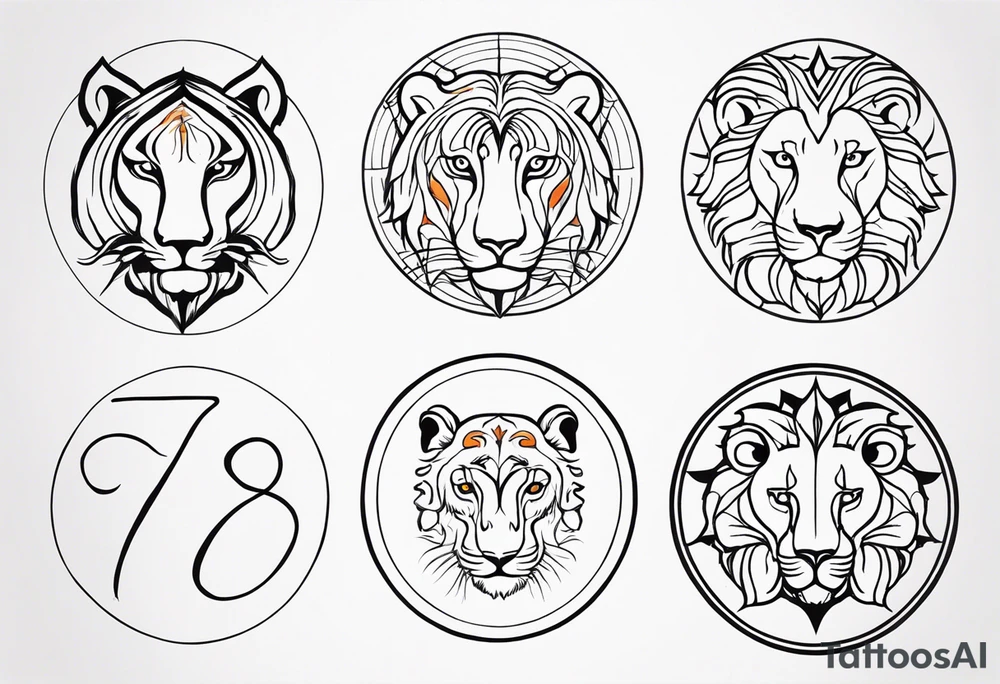 A tattoo in delicate style, so gentle. The symbol zodiac sign, Leo. The sketch should include fire, something delicate like that, and the numbers 7 and 8. tattoo idea