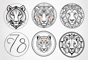 A tattoo in delicate style, so gentle. The symbol zodiac sign, Leo. The sketch should include fire, something delicate like that, and the numbers 7 and 8. tattoo idea