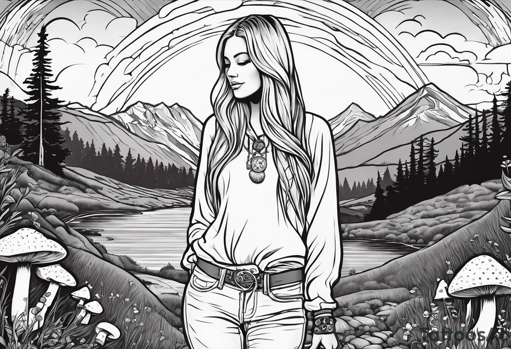 Whole picture encircled fully

Straight long blonde hair hippie girl in distance holding mushrooms in hand facing away toward mountains and creek surrounded by mushrooms long sleeve shirt and hiking pants; whole rendering within a full circle, no cut off circle tattoo idea