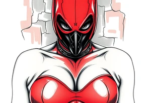powerful female dominatrix wearing a red latex catsuit and full facemask in a bdsm dungeon tattoo idea