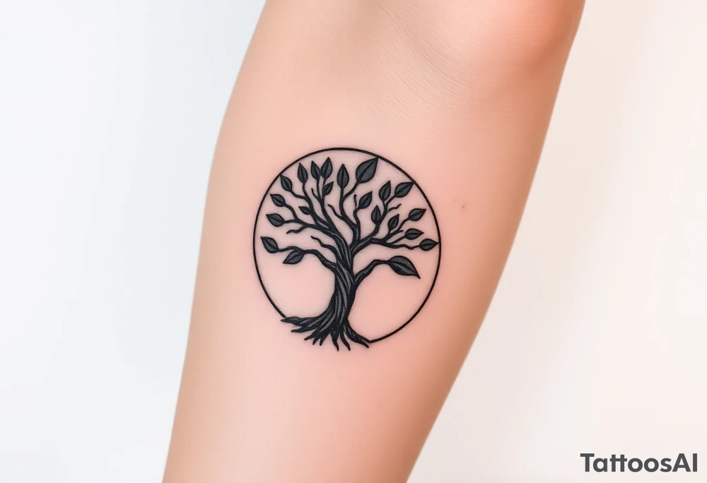 Tree with few leaves, encircled in a circle, with a line starting from the roots, and spiraling outward in a 
clockwise direction tattoo idea
