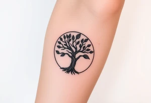 Tree with few leaves, encircled in a circle, with a line starting from the roots, and spiraling outward in a 
clockwise direction tattoo idea