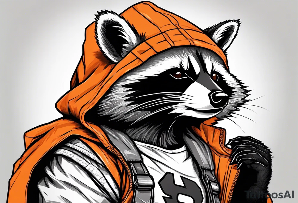 Raccoon wearing an orange Superman hoodie tattoo idea