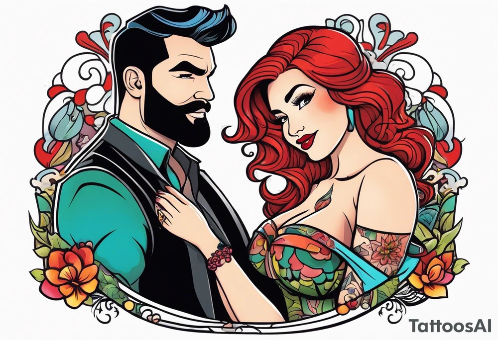 Busty Red haired woman with black haired bearded man tattoo idea
