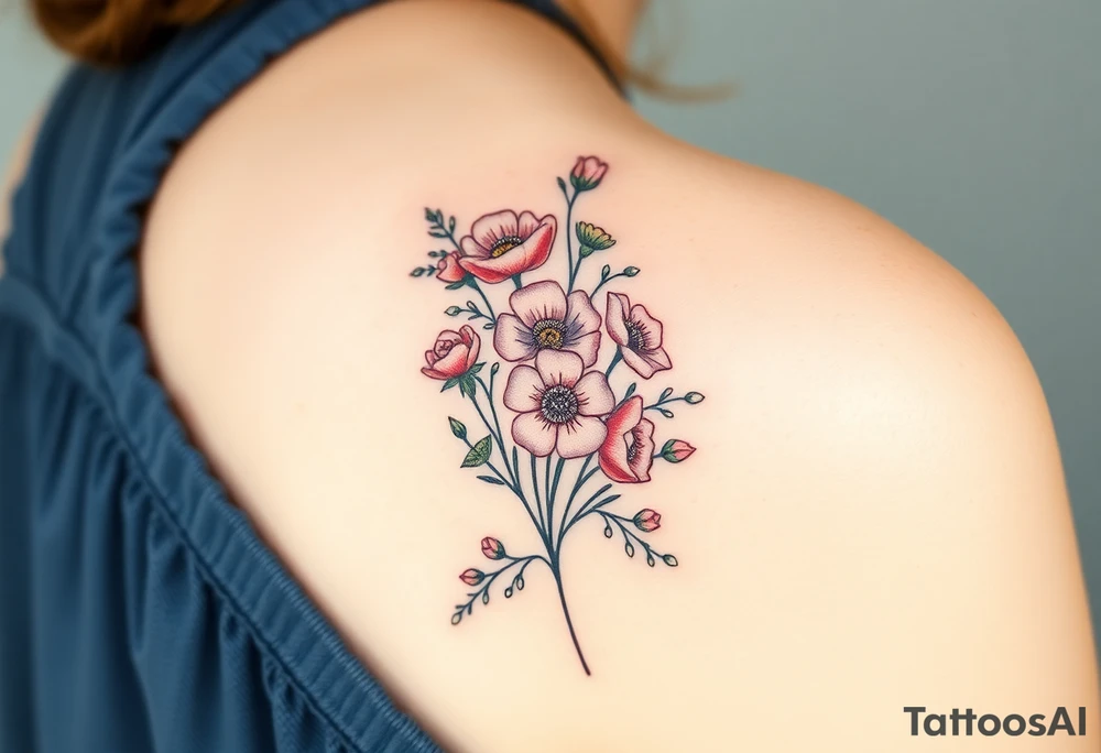 vintage bouquet of wild roses and meadow flowers with morning dew tattoo idea