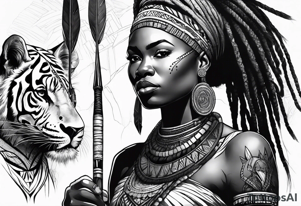 African woman warrior with tribe scars and spear in hand with animals in background tattoo idea