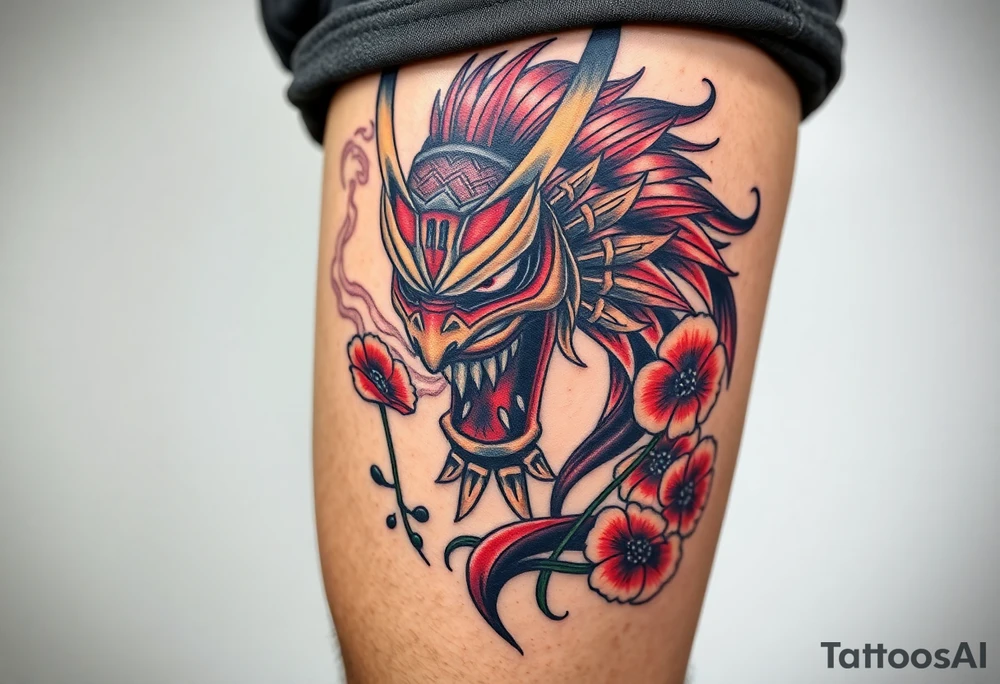 Big Rouge ronin to cover the entire thigh with smoke coming out of its mouth with 11b tattooed under its left eye with 1 poppy on each side of the ronin tattoo idea