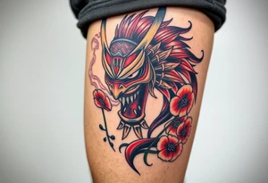 Big Rouge ronin to cover the entire thigh with smoke coming out of its mouth with 11b tattooed under its left eye with 1 poppy on each side of the ronin tattoo idea