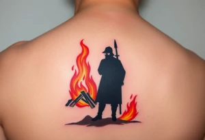 A silhouette of Jan Hus standing next to a enormous bonfire, with fiery orange and red shades tattoo idea