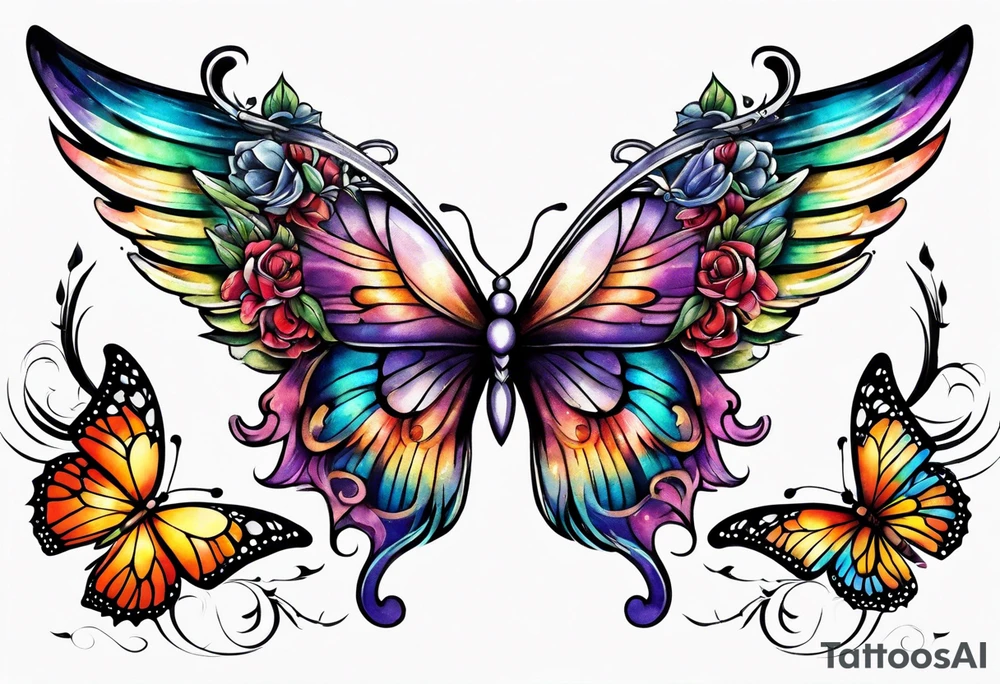 Colorful angel wings and butterfly tattoo idea