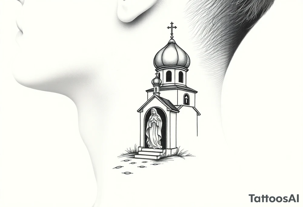 russian design traditional christian orthodox cross with a virgin mary stood beside the entrance of a russian orthodox dome church on the side of the neck in a wilderness setting tattoo idea