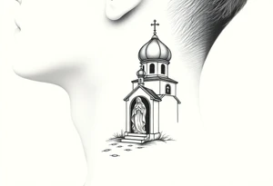 russian design traditional christian orthodox cross with a virgin mary stood beside the entrance of a russian orthodox dome church on the side of the neck in a wilderness setting tattoo idea