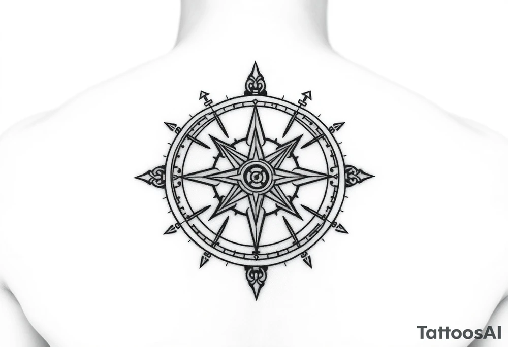 Create a line work Viking compass using symbols for protection, wisdom, and knowledge from both the Aztec and Viking cultures. Make the image very simple and able to print. Outline only not a lot of thick black use elder futhark runes for protection, wisdom and luck. tattoo idea