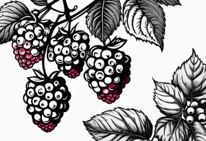 a single raspberry branch that is hanging upside down with small raspberries on it tattoo idea