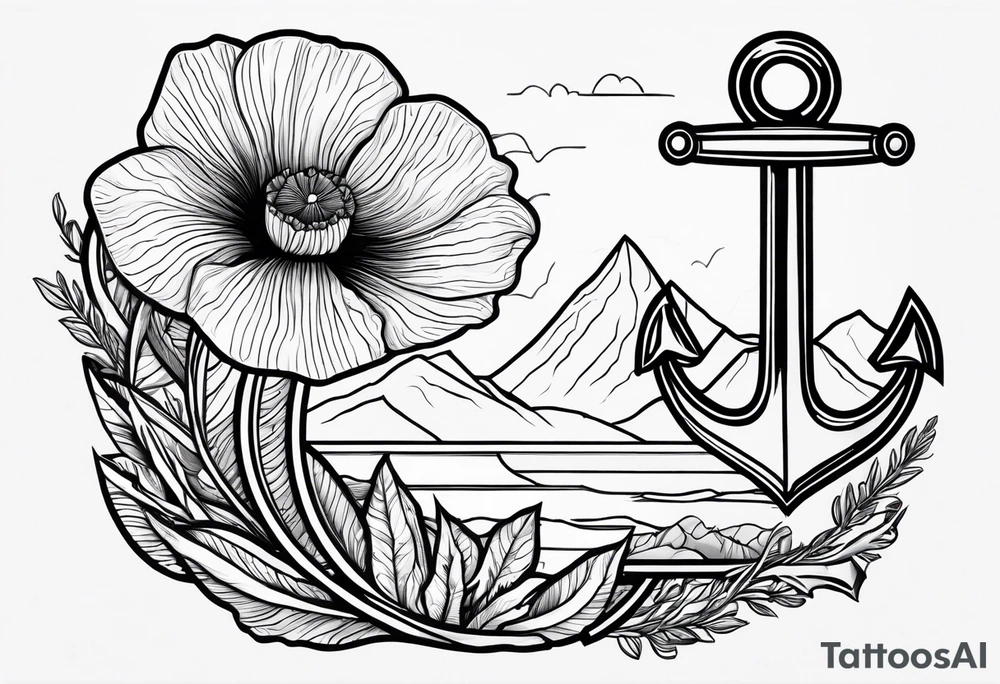 one poppy flower with an anchor and mountains behind it tattoo idea