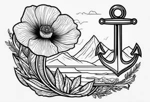 one poppy flower with an anchor and mountains behind it tattoo idea