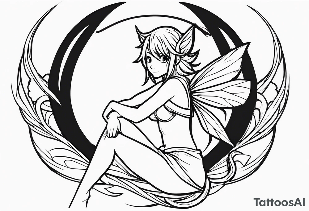 No color sketch of a fairy with a tail inspired by the guild symbol in the anime show called Fairy Tail in a fetal position leaning in and forward while crawled in tattoo idea