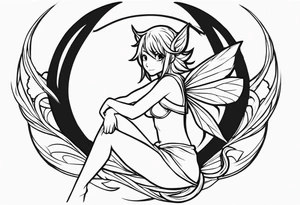 No color sketch of a fairy with a tail inspired by the guild symbol in the anime show called Fairy Tail in a fetal position leaning in and forward while crawled in tattoo idea