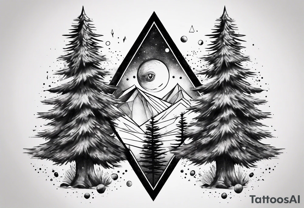 Pine trees with script.  Add an eye inside of a diamond shape with dot work lines coming out from the eye.  Add a planet. tattoo idea
