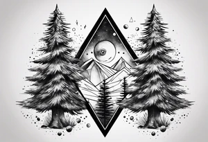 Pine trees with script.  Add an eye inside of a diamond shape with dot work lines coming out from the eye.  Add a planet. tattoo idea