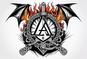 Valhalla sword shield dragon axe Valknut barbed wire chains fire tattoo idea