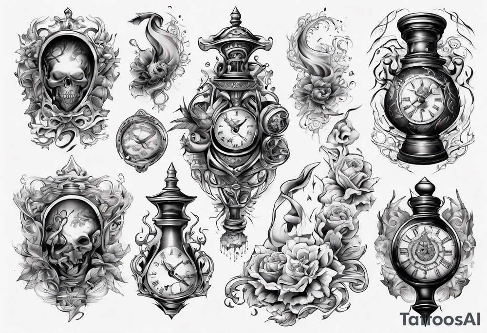 lots of filagree on the chest going onto the shoulder.  include an hour glass tattoo idea
