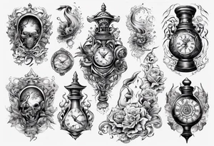 lots of filagree on the chest going onto the shoulder.  include an hour glass tattoo idea