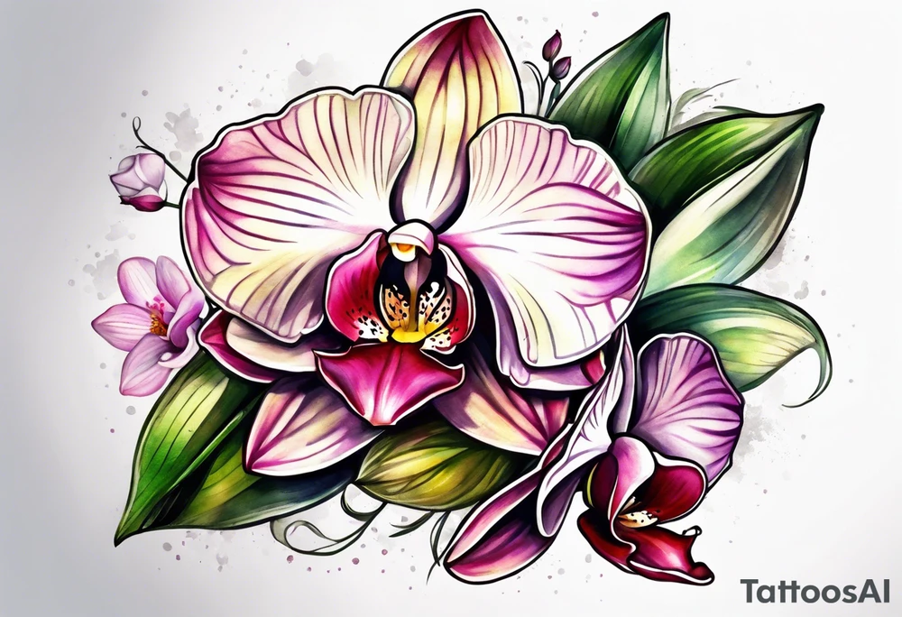 Cymbidum orchid with roses on each side tattoo idea