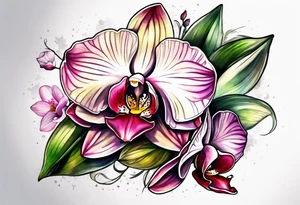 Cymbidum orchid with roses on each side tattoo idea