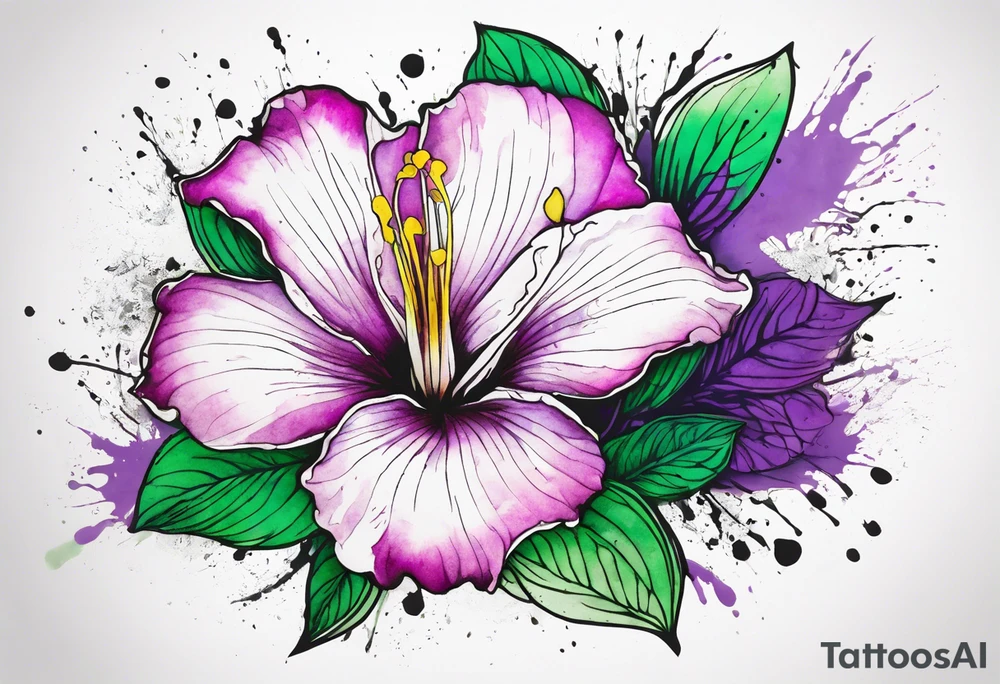 An outline of a rio dipladenia flower with a green and purple watercolor splash in the background tattoo idea