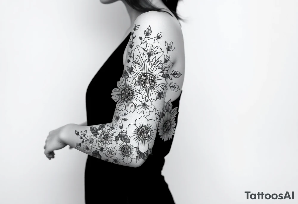 floral composition with japanese vibe, mutiple ornemental patern and leaf tattoo idea