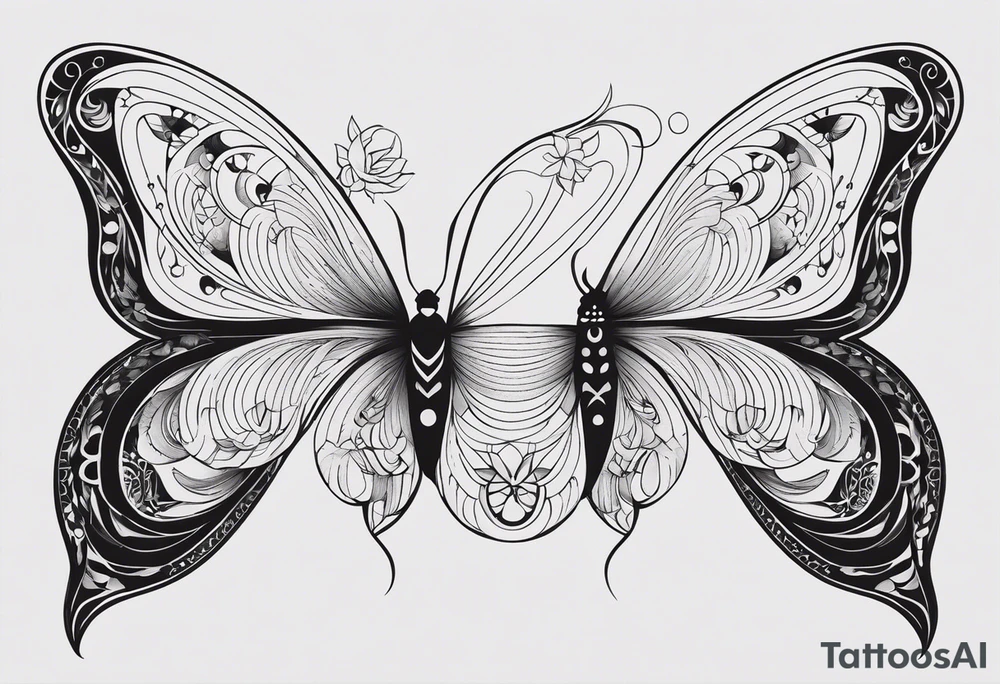 A minimalist black and white butterfly, symmetrical design with the sun subtly incorporated into one wing and the moon in the other, fire and water elegantly woven into opposite wings, and air and earth elements mirrored in the remaining wings. The overall design is simple, feminine, and balanced, with all elements symmetrically integrated. tattoo idea